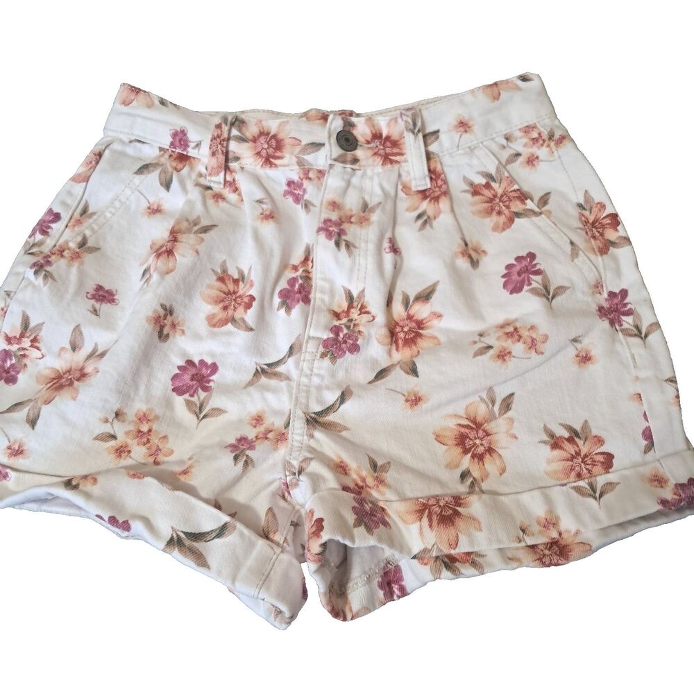 AE American Eagle Mom Shorts 2 White Floral Print High Rise Cuffed Denim